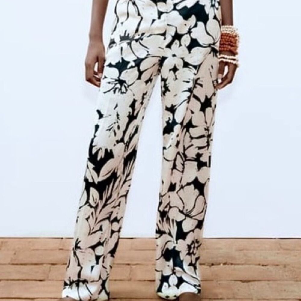 Zara Silky Satin Like Tropical Floral Side Pockets Wide Leg Pants Trousers XS